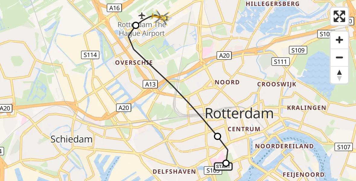 Vluchtroute Traumahelikopter Erasmus MC - Rotterdam The Hague Airport, 07 oktober 2026, 08:08