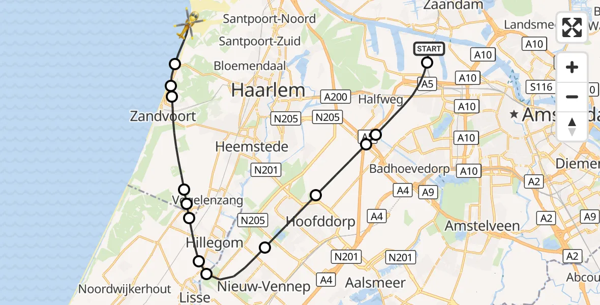 Vluchtroute Traumahelikopter Amsterdam Heliport - Overveen, 07 oktober 2026, 11:44
