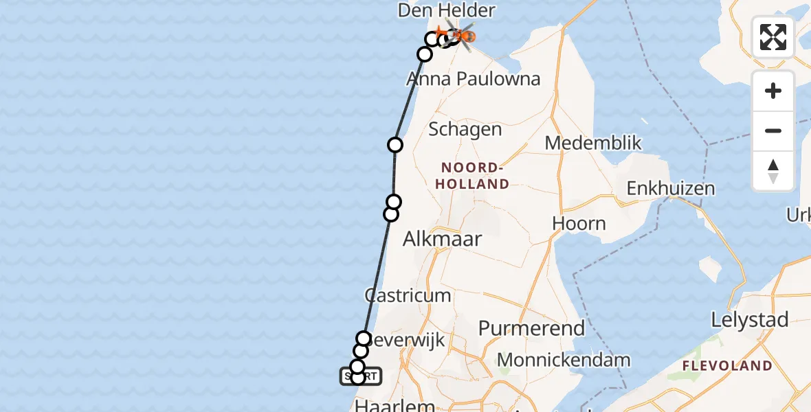 Vluchtroute Kustwachthelikopter Overveen - Militair vliegveld De Kooy / Den Helder Airport, 07 oktober 2026, 12:36