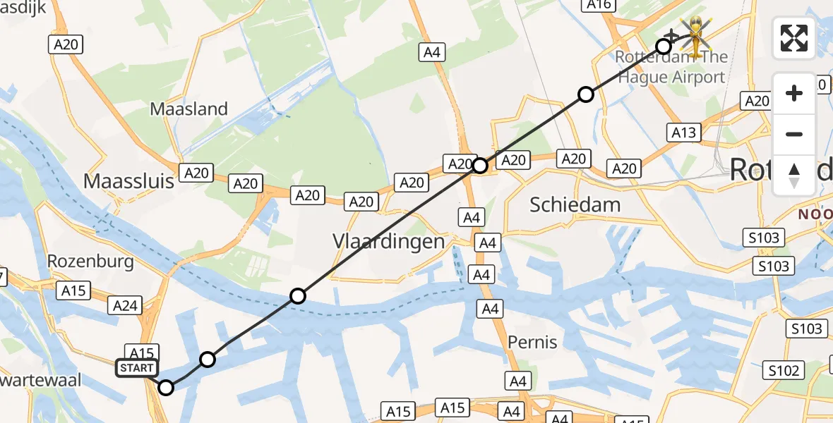 Vluchtroute Traumahelikopter Botlek Rotterdam - Rotterdam The Hague Airport, 07 oktober 2026, 14:01