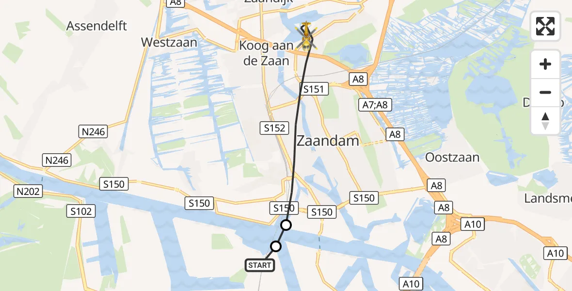 Vluchtroute Traumahelikopter Amsterdam Heliport - Zaandam, 07 oktober 2026, 14:18