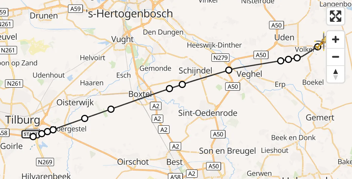Vluchtroute Traumahelikopter St. Elisabeth Hospital Heliport - Vliegbasis Volkel, 07 oktober 2026, 14:21