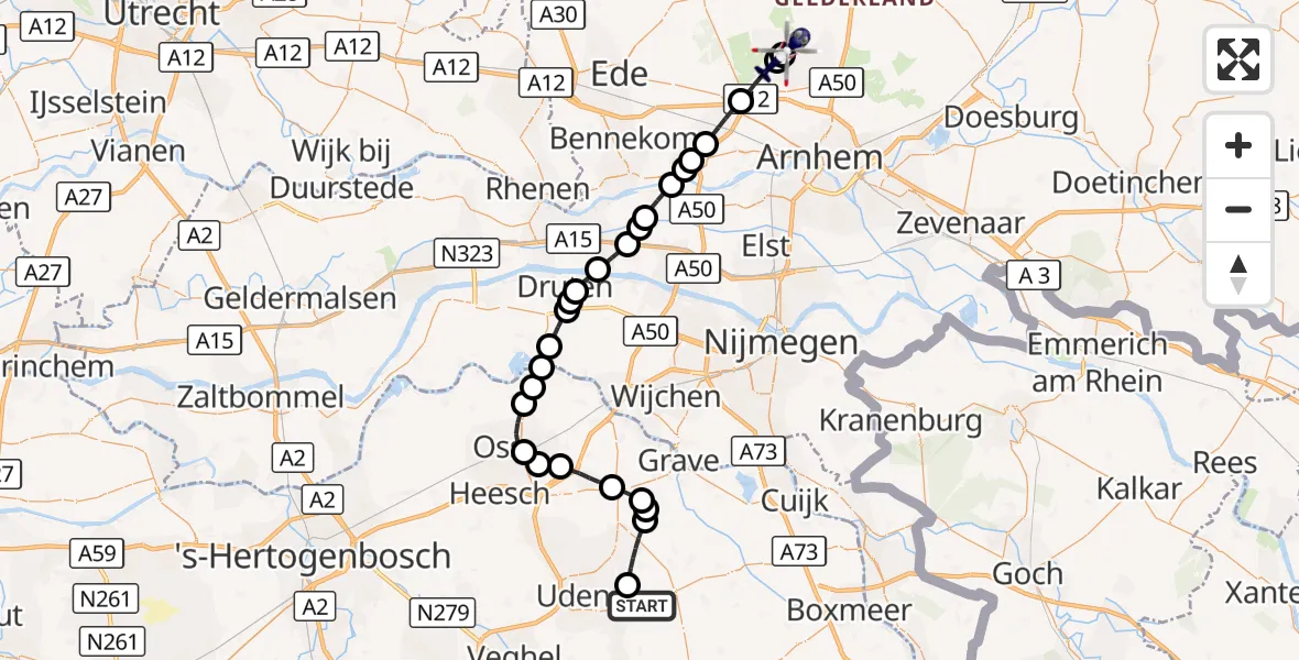Vluchtroute Politiehelikopter Vliegbasis Volkel - Vliegbasis Deelen, 07 oktober 2026, 14:39