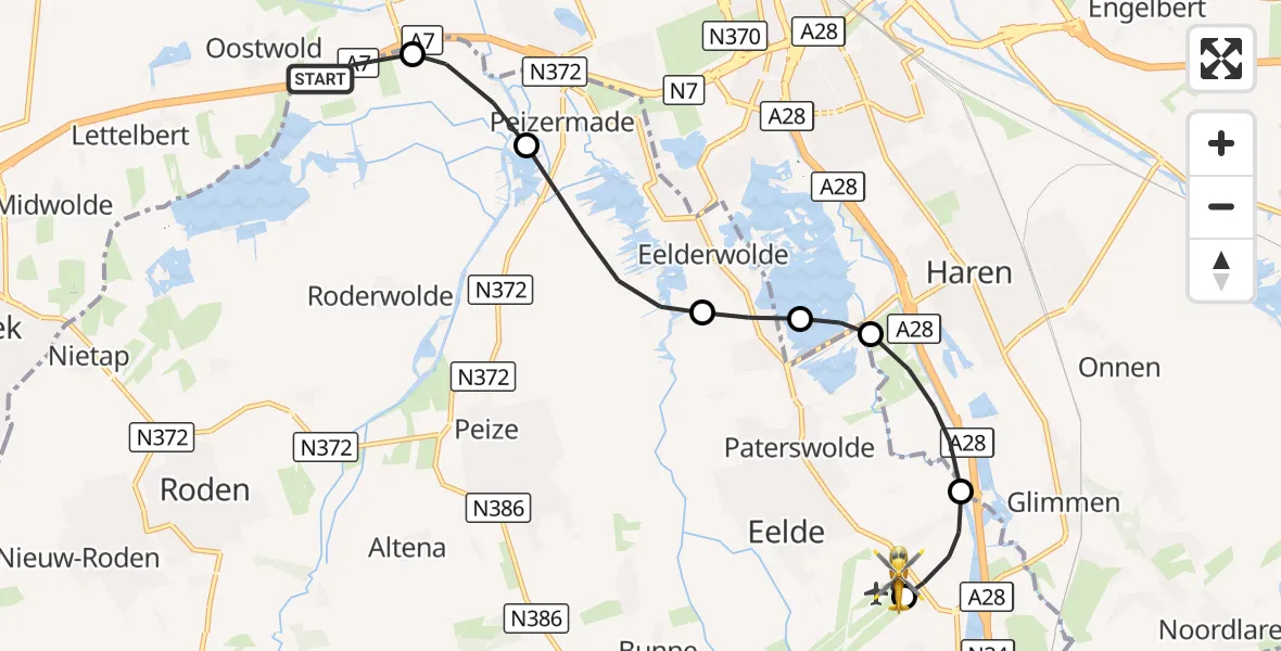 Vluchtroute Traumahelikopter Oostwold - Groningen Airport Eelde, 07 oktober 2026, 14:54