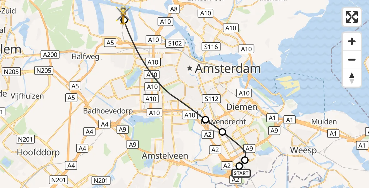 Vluchtroute Traumahelikopter Amsterdam UMC Helipad - Amsterdam Heliport, 07 oktober 2026, 15:16