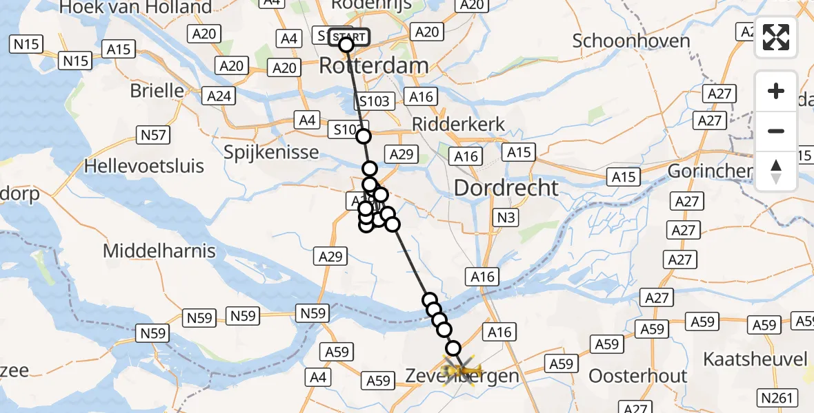 Vluchtroute Traumahelikopter Rotterdam The Hague Airport - Zevenbergen, 07 oktober 2026, 15:31