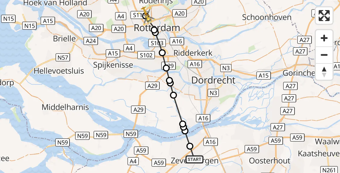 Vluchtroute Traumahelikopter Zevenbergen - Rotterdam The Hague Airport, 07 oktober 2026, 16:10
