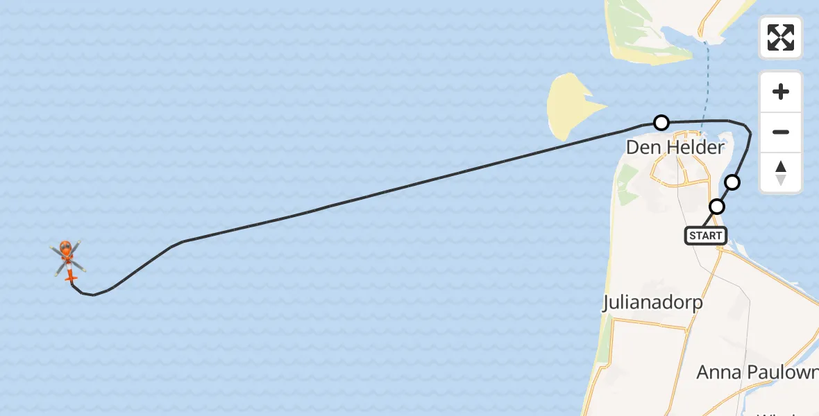 Vluchtroute Kustwachthelikopter Militair vliegveld De Kooy / Den Helder Airport - Noordzee, 07 oktober 2026, 17:02