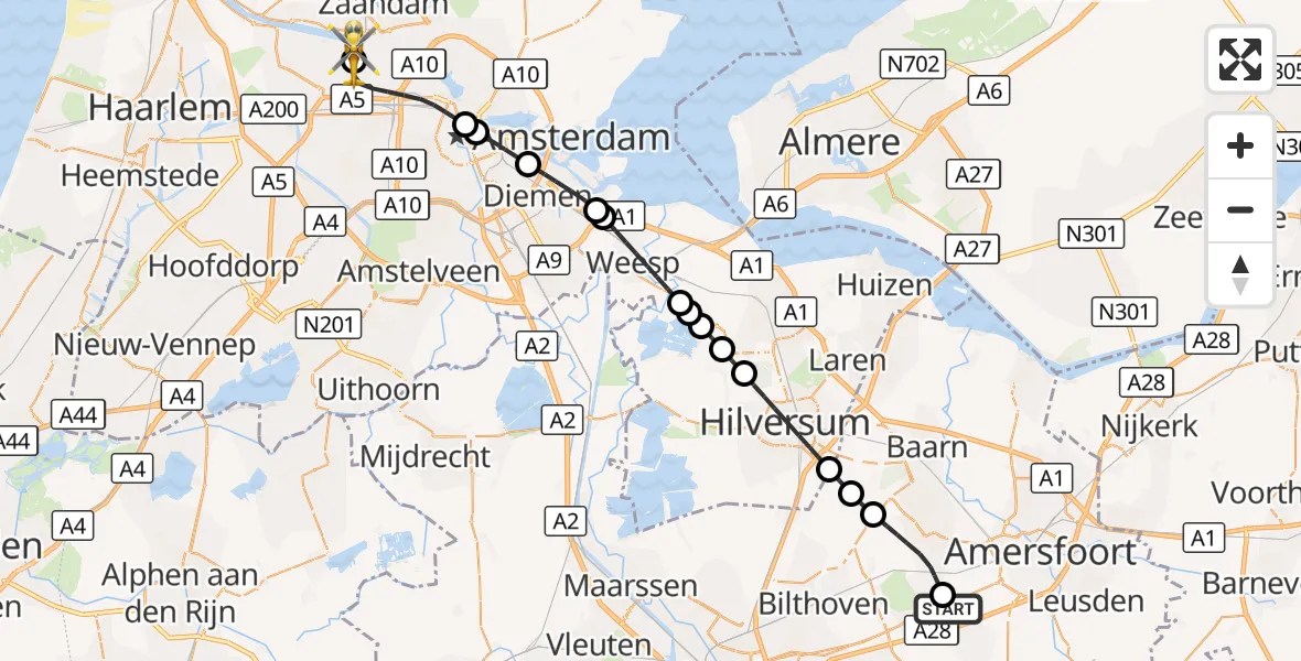 Vluchtroute Traumahelikopter Soesterberg - Amsterdam Heliport, 07 oktober 2026, 17:30