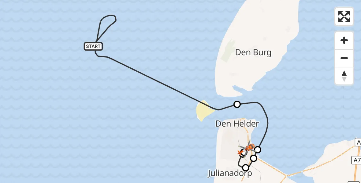 Vluchtroute Kustwachthelikopter Noordzee - Militair vliegveld De Kooy / Den Helder Airport, 07 oktober 2026, 18:21