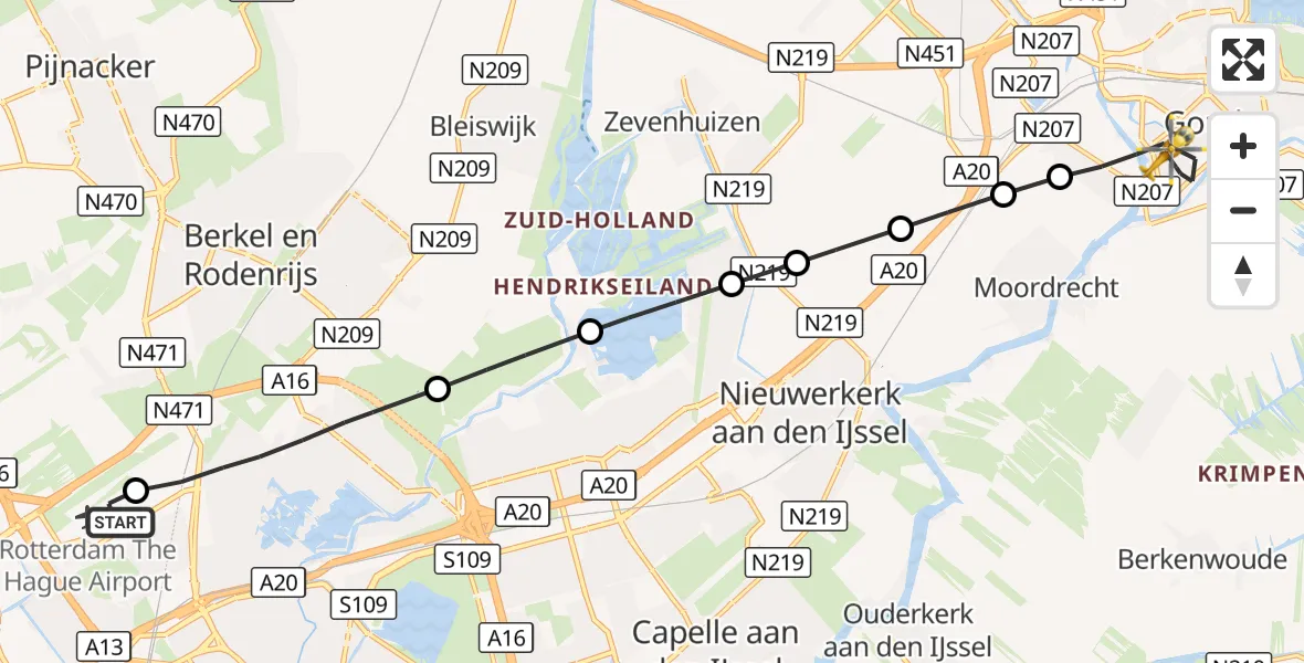 Vluchtroute Traumahelikopter Rotterdam The Hague Airport - Gouda, 07 oktober 2026, 19:29