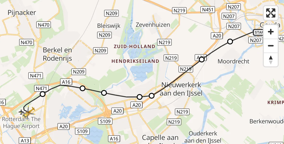 Vluchtroute Traumahelikopter Gouda - Rotterdam The Hague Airport, 07 oktober 2026, 20:16