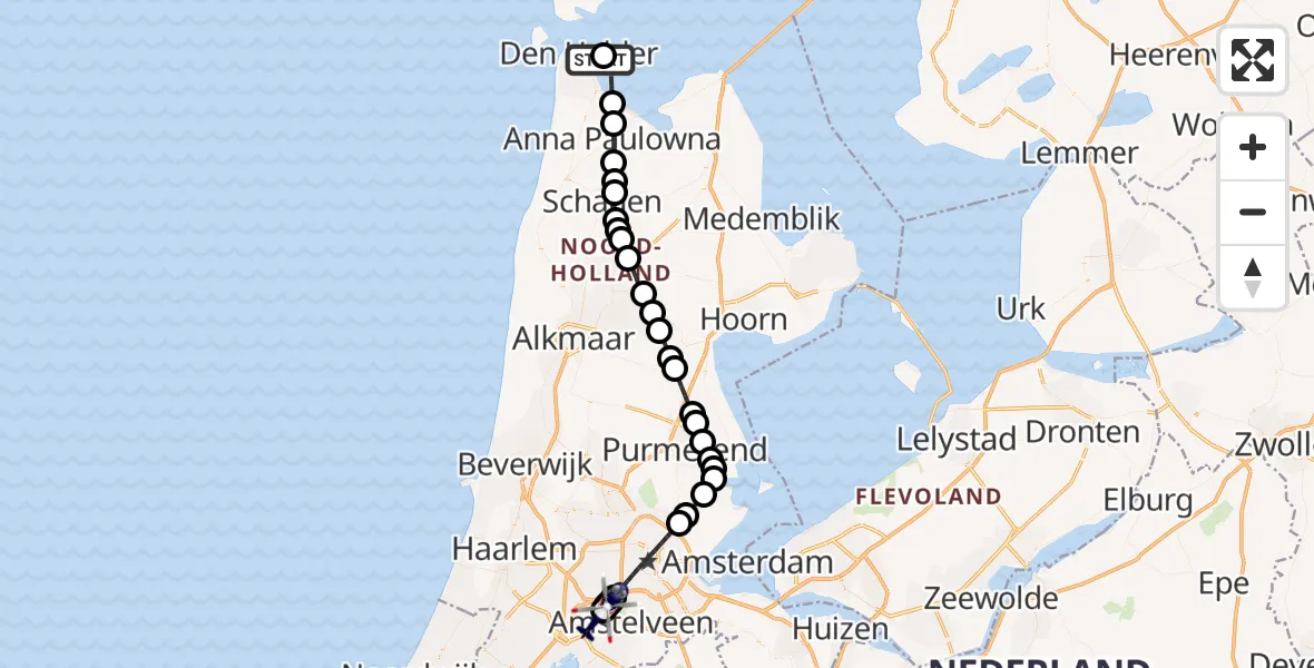 Vluchtroute Politiehelikopter Den Helder - Amsterdam Vliegveld Schiphol, 07 oktober 2026, 21:14