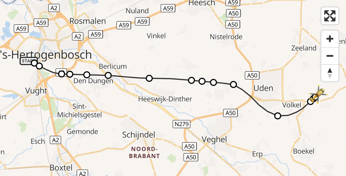 Vluchtroute Traumahelikopter 's-Hertogenbosch - Vliegbasis Volkel, 07 oktober 2026, 22:00