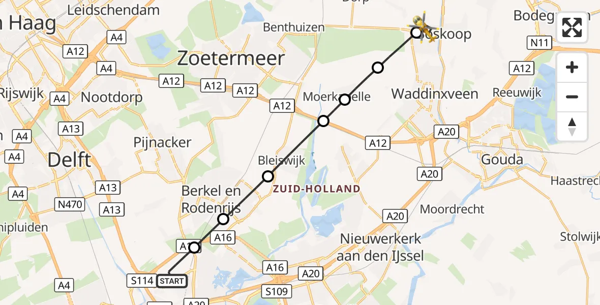 Vluchtroute Traumahelikopter Rotterdam The Hague Airport - Boskoop, 08 oktober 2026, 06:44