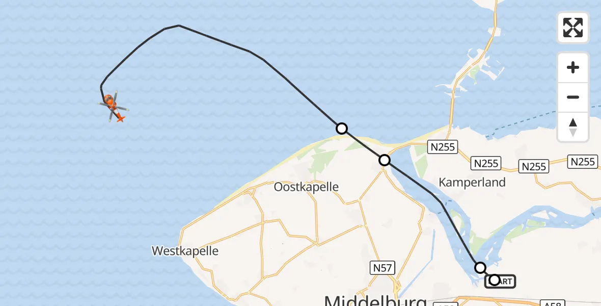 Vluchtroute Kustwachthelikopter Vliegveld Midden-Zeeland - Noordzee, 08 oktober 2026, 11:09