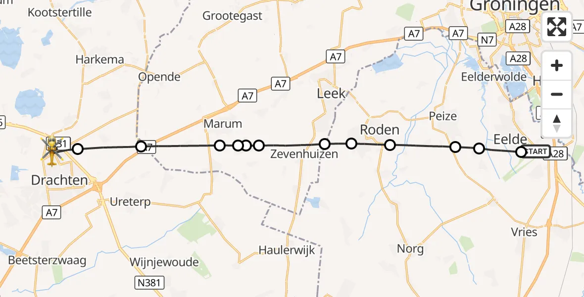 Vluchtroute Traumahelikopter Groningen Airport Eelde - Drachten, 08 oktober 2026, 11:18