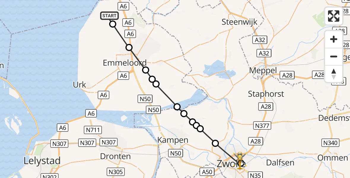 Vluchtroute Traumahelikopter Rutten - Isala Hospital Zwolle Heliport, 08 oktober 2026, 11:43
