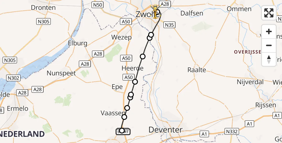 Vluchtroute Traumahelikopter Apeldoorn - Isala Hospital Zwolle Heliport, 08 oktober 2026, 12:57