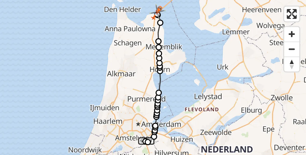 Vluchtroute Kustwachthelikopter Amsterdam UMC Helipad - Den Oever, 08 oktober 2026, 13:29