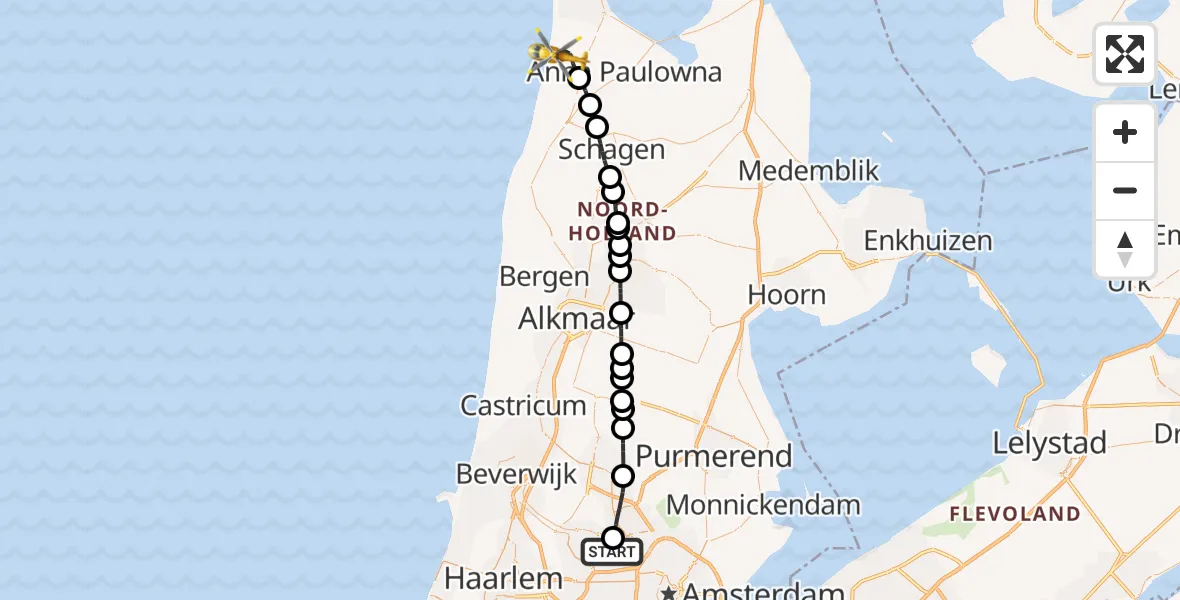Vluchtroute Traumahelikopter Amsterdam Heliport - Callantsoog, 08 oktober 2026, 13:54