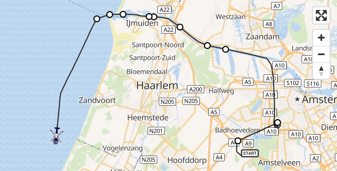 Vluchtroute Politiehelikopter Amsterdam Vliegveld Schiphol - Noordzee, 08 oktober 2026, 16:45