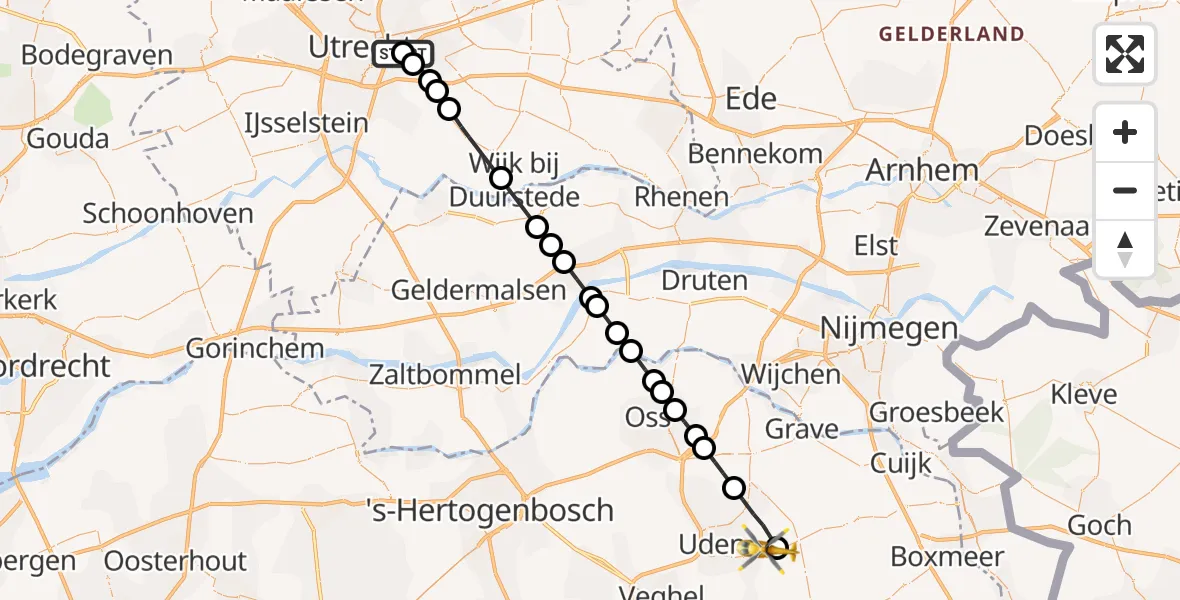 Vluchtroute Traumahelikopter Universitair Medisch Centrum Utrecht - Vliegbasis Volkel, 08 oktober 2026, 21:27