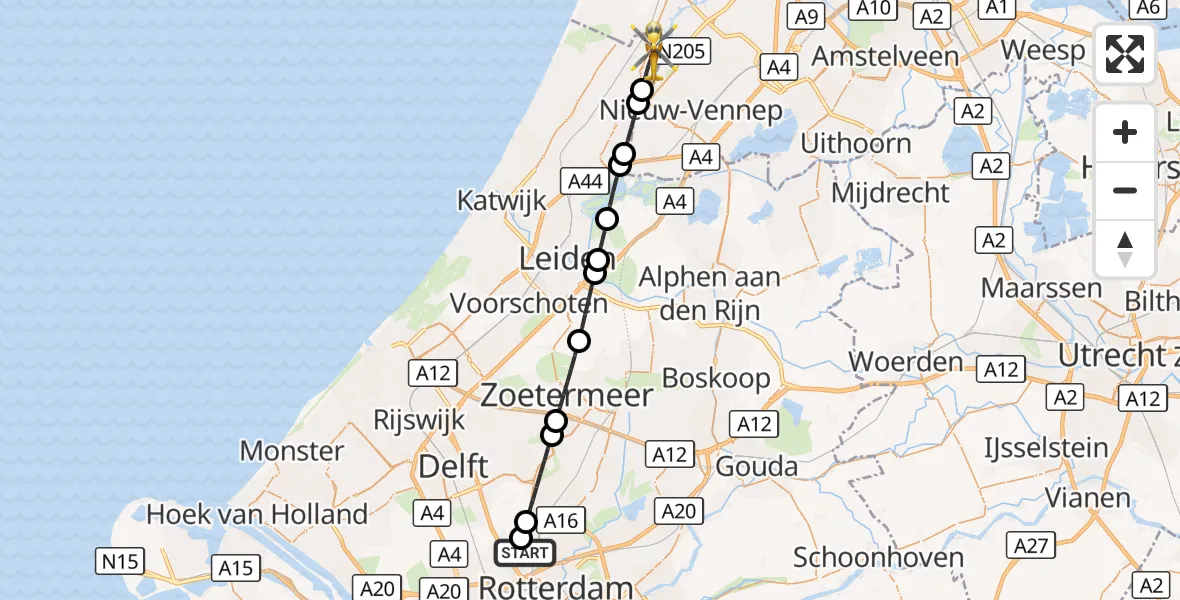 Vluchtroute Traumahelikopter Rotterdam The Hague Airport - Hillegom, 09 oktober 2026, 06:08