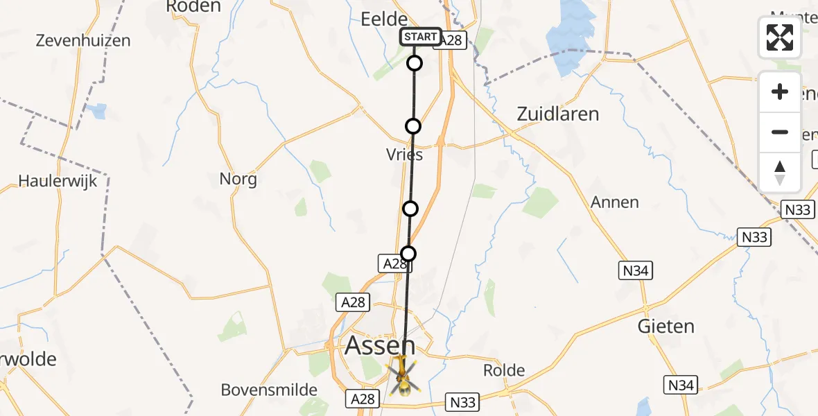 Vluchtroute Traumahelikopter Groningen Airport Eelde - Assen, 09 oktober 2026, 06:40
