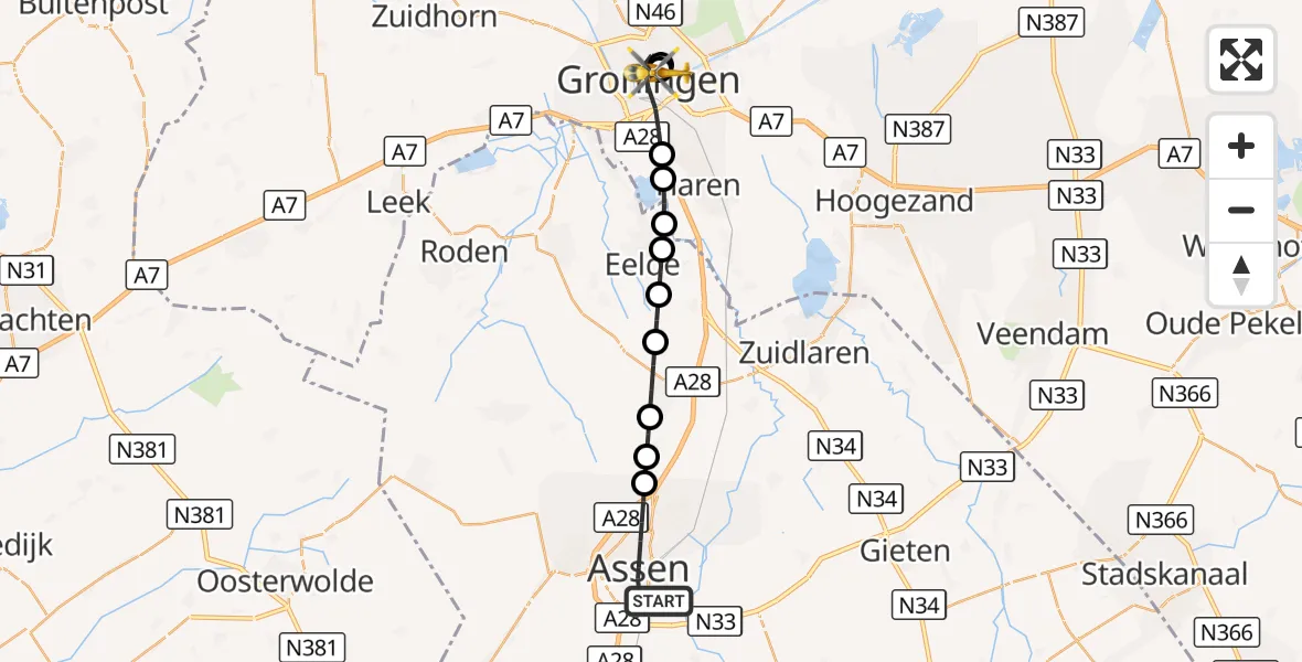 Vluchtroute Traumahelikopter Assen - Universitair Medisch Centrum Groningen, 09 oktober 2026, 07:17