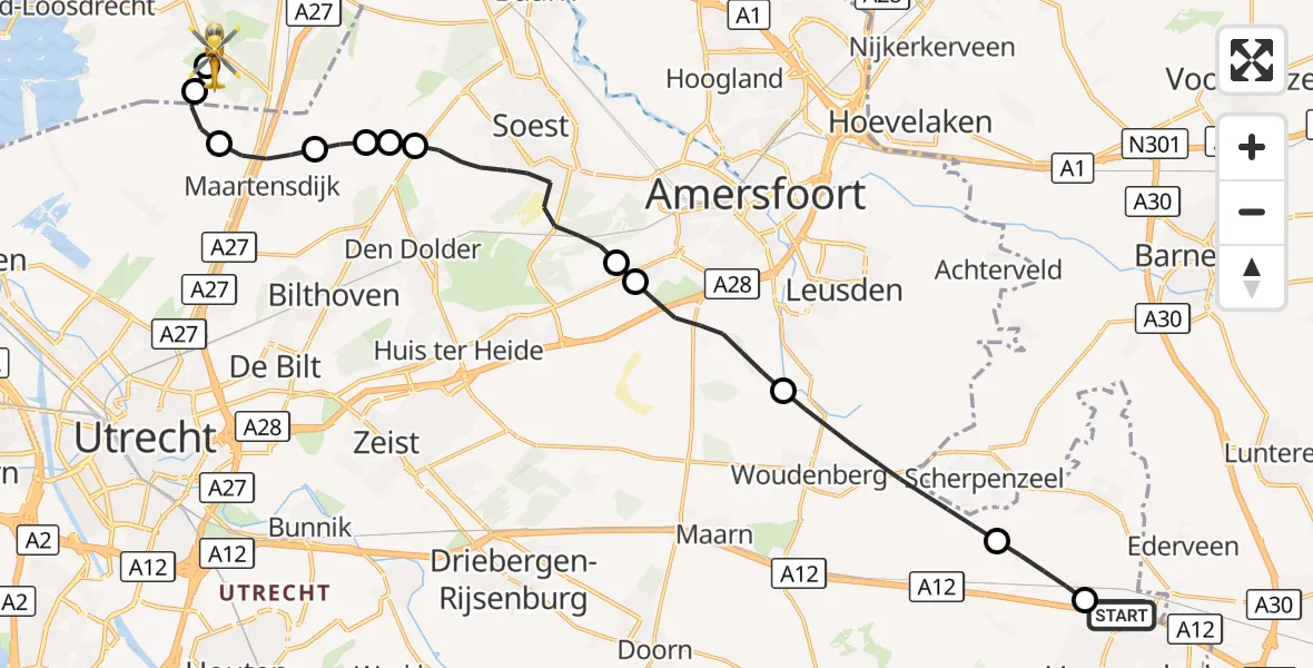 Vluchtroute Traumahelikopter Veenendaal - Vliegveld Hilversum, 09 oktober 2026, 07:48