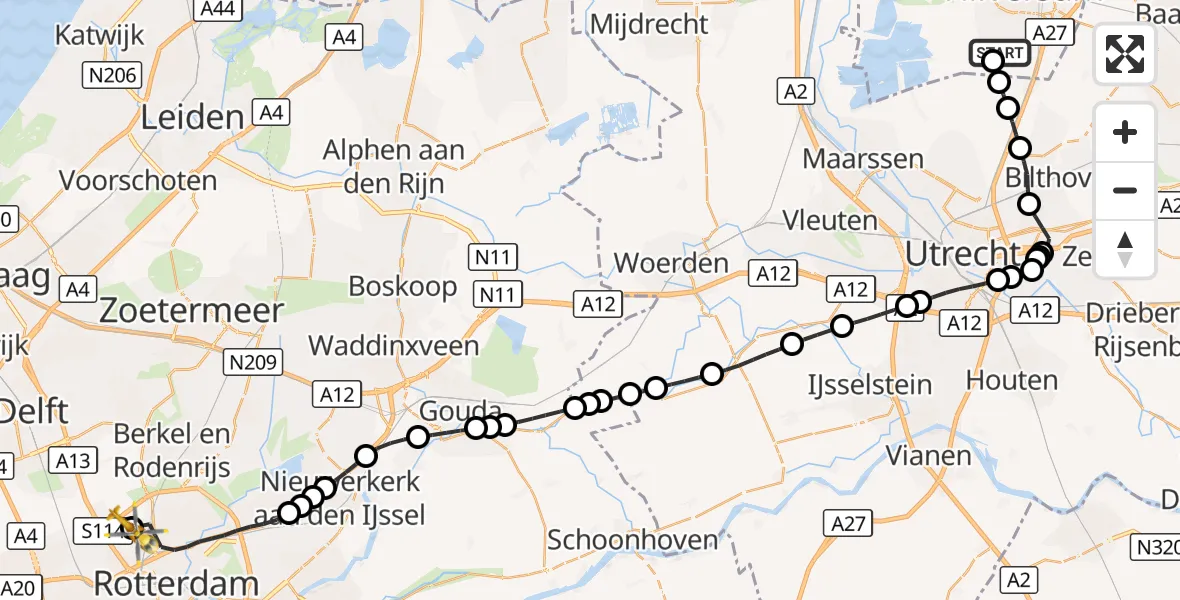 Vluchtroute Traumahelikopter Vliegveld Hilversum - Rotterdam The Hague Airport, 09 oktober 2026, 08:22
