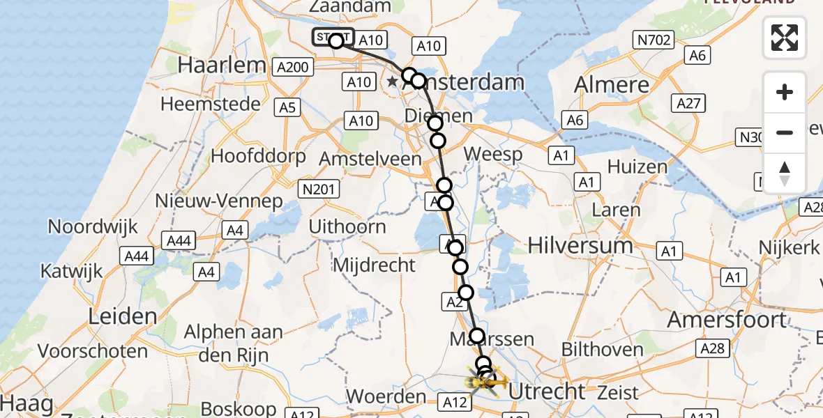 Vluchtroute Traumahelikopter Amsterdam Heliport - Utrecht, 09 oktober 2026, 13:31
