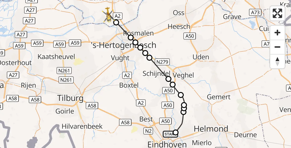 Vluchtroute Traumahelikopter Eindhoven - Hedel, 09 oktober 2026, 14:13