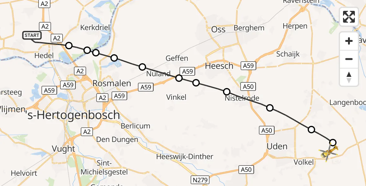 Vluchtroute Traumahelikopter Hedel - Vliegbasis Volkel, 09 oktober 2026, 14:39