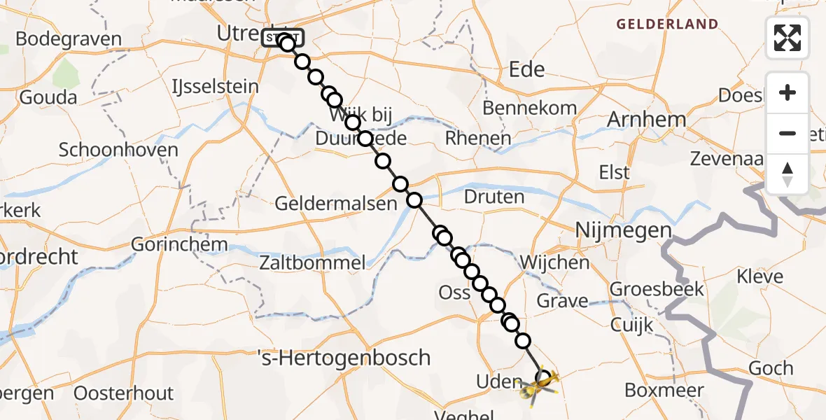 Vluchtroute Traumahelikopter Universitair Medisch Centrum Utrecht - Vliegbasis Volkel, 09 oktober 2026, 16:15