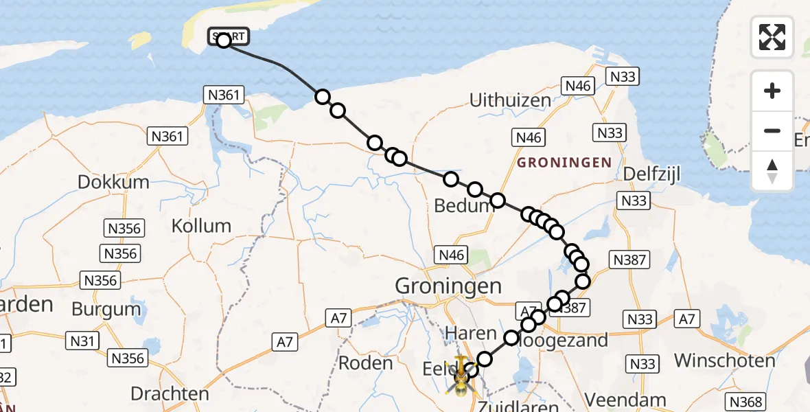 Vluchtroute Ambulancehelikopter Schiermonnikoog Heliport - Groningen Airport Eelde, 09 oktober 2026, 18:41