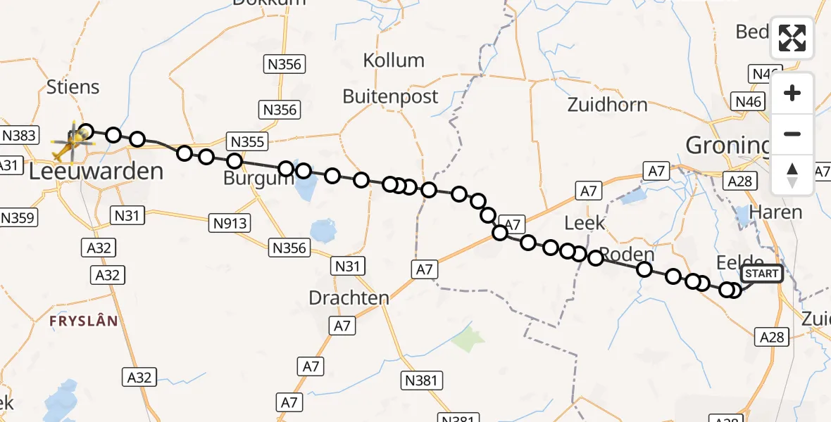 Vluchtroute Ambulancehelikopter Groningen Airport Eelde - Vliegbasis Leeuwarden, 09 oktober 2026, 19:55
