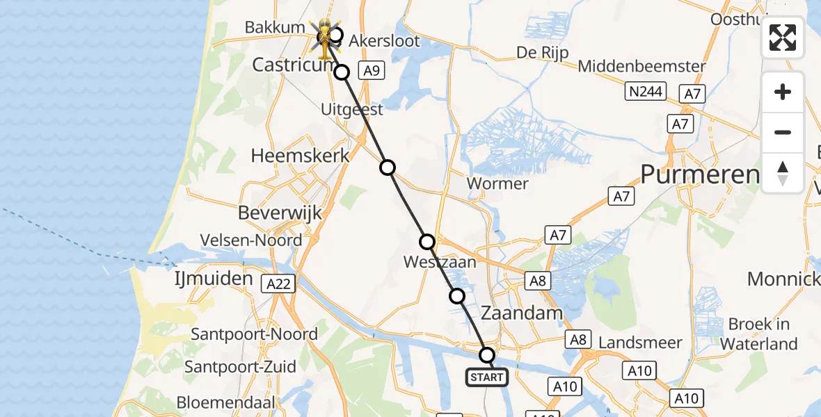 Vluchtroute Traumahelikopter Amsterdam Heliport - Limmen, 09 oktober 2026, 20:06