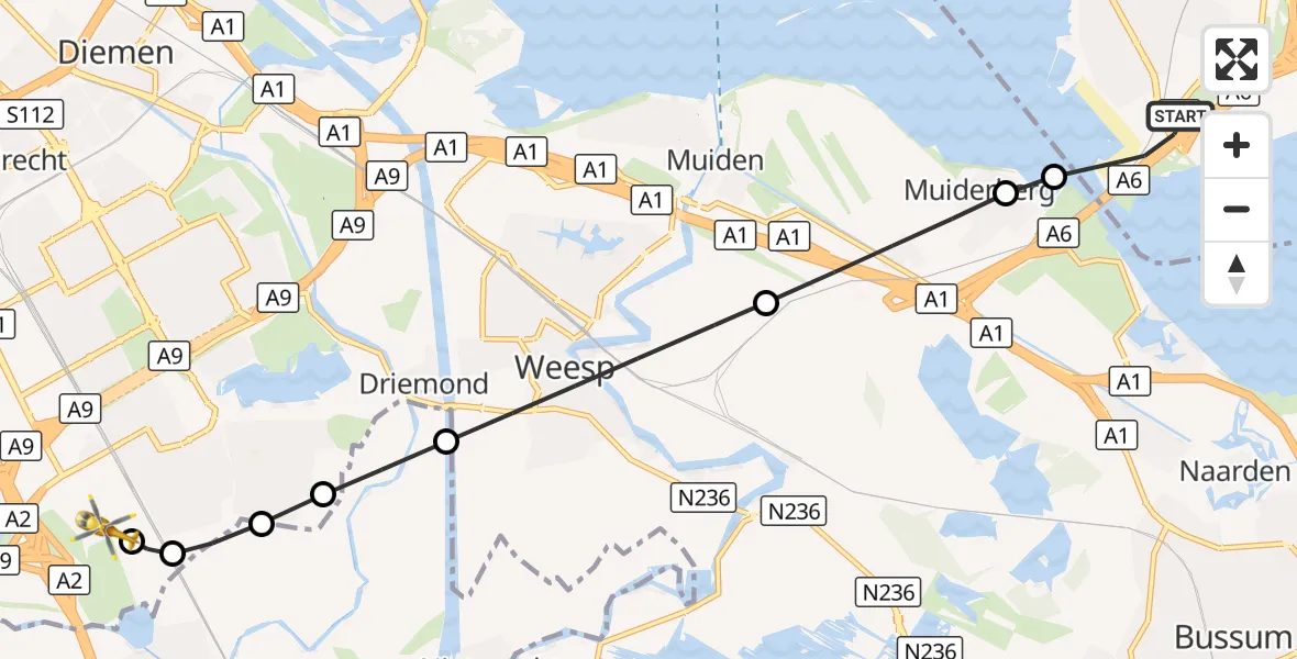 Vluchtroute Traumahelikopter Almere - Amsterdam UMC Helipad, 09 oktober 2026, 21:41
