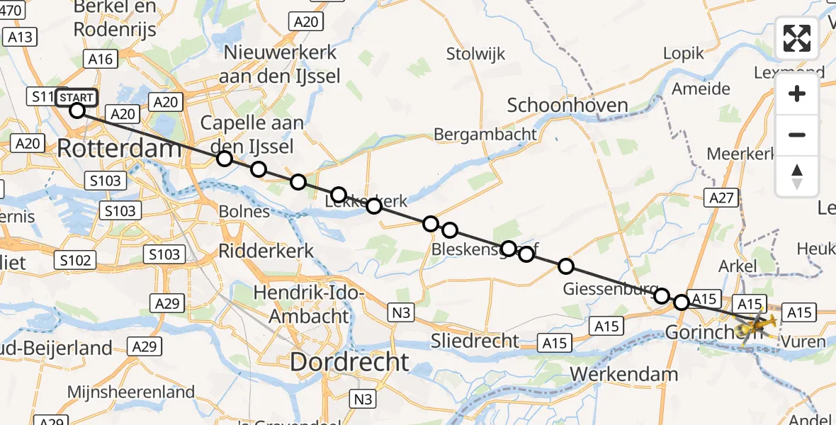 Vluchtroute Traumahelikopter Rotterdam The Hague Airport - Gorinchem, 10 oktober 2026, 06:03