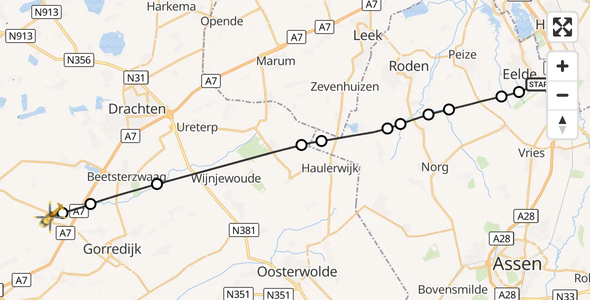 Vluchtroute Traumahelikopter Groningen Airport Eelde - Tijnje, 10 oktober 2026, 07:27