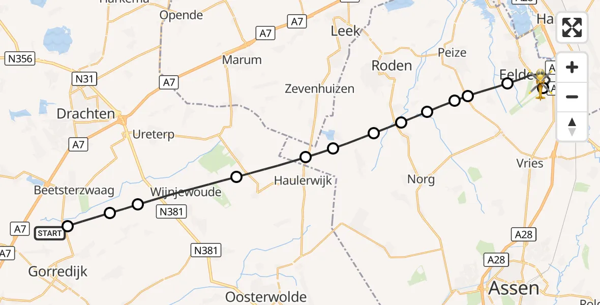 Vluchtroute Traumahelikopter Terwispel - Groningen Airport Eelde, 10 oktober 2026, 08:30