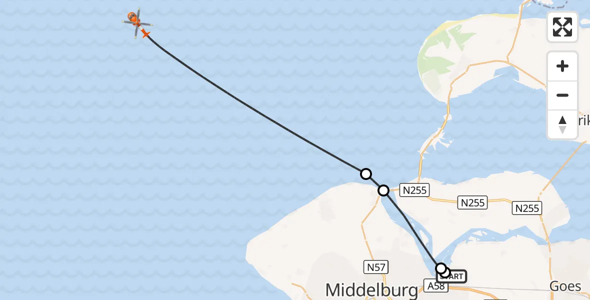 Vluchtroute Kustwachthelikopter Vliegveld Midden-Zeeland - Noordzee, 10 oktober 2026, 09:34