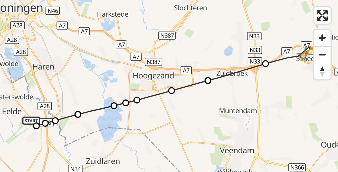 Vluchtroute Traumahelikopter Groningen Airport Eelde - Scheemda, 10 oktober 2026, 11:26