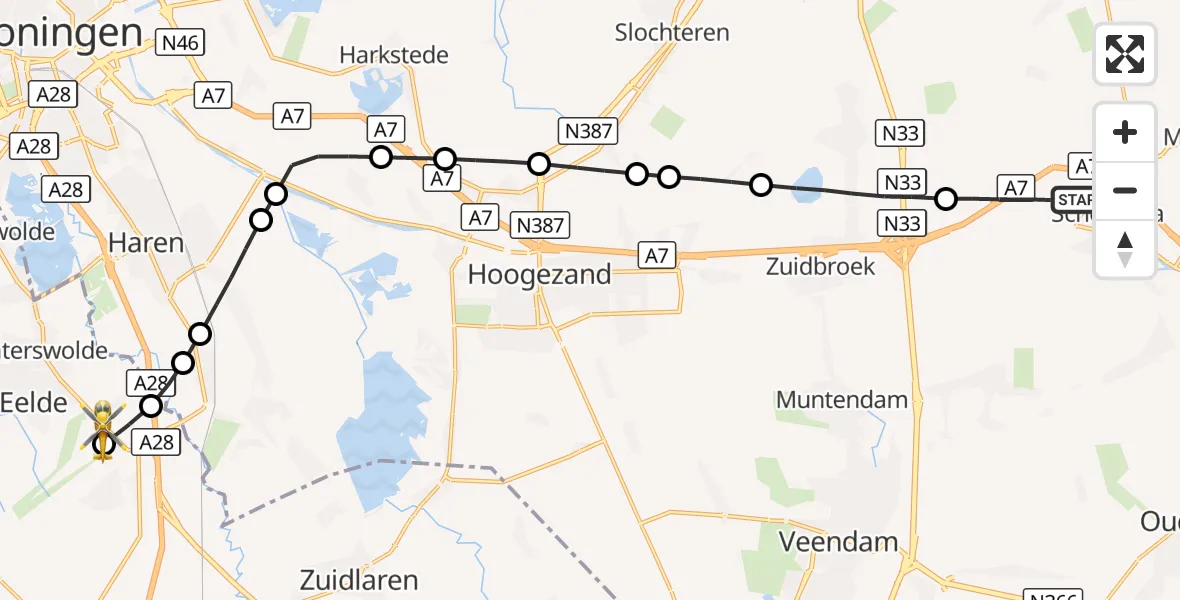 Vluchtroute Traumahelikopter Scheemda - Groningen Airport Eelde, 10 oktober 2026, 11:57