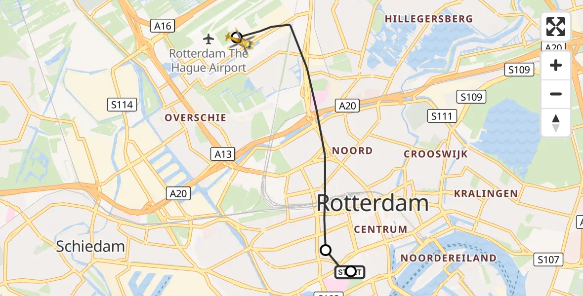 Vluchtroute Traumahelikopter Erasmus MC - Rotterdam The Hague Airport, 10 oktober 2026, 13:07