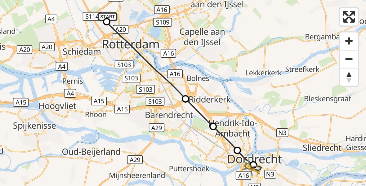 Vluchtroute Traumahelikopter Rotterdam The Hague Airport - Dordrecht, 10 oktober 2026, 13:34