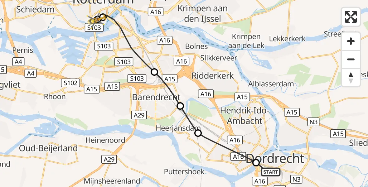 Vluchtroute Traumahelikopter Dordrecht - Erasmus MC, 10 oktober 2026, 14:11