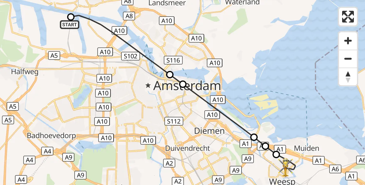 Vluchtroute Traumahelikopter Amsterdam Heliport - Weesp, 10 oktober 2026, 17:20
